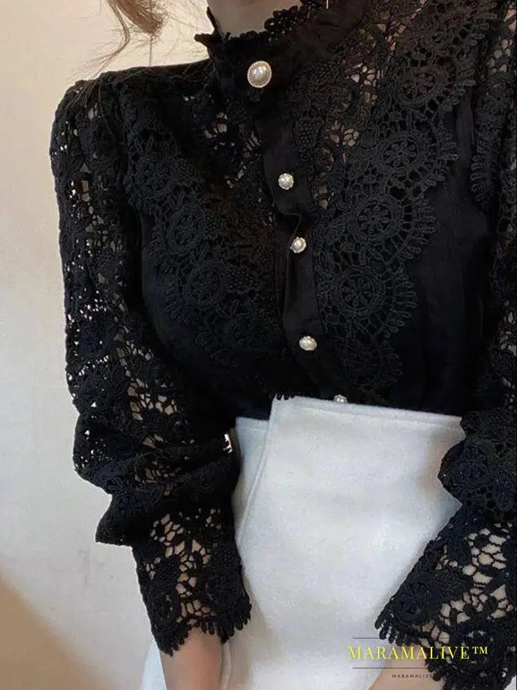 Women Chiffon Button Turtleneck Shirt Chic Elegant Floral Lace Fluffy Long Sleeve Top Fashion Hollow Oversize White Blouse 2024