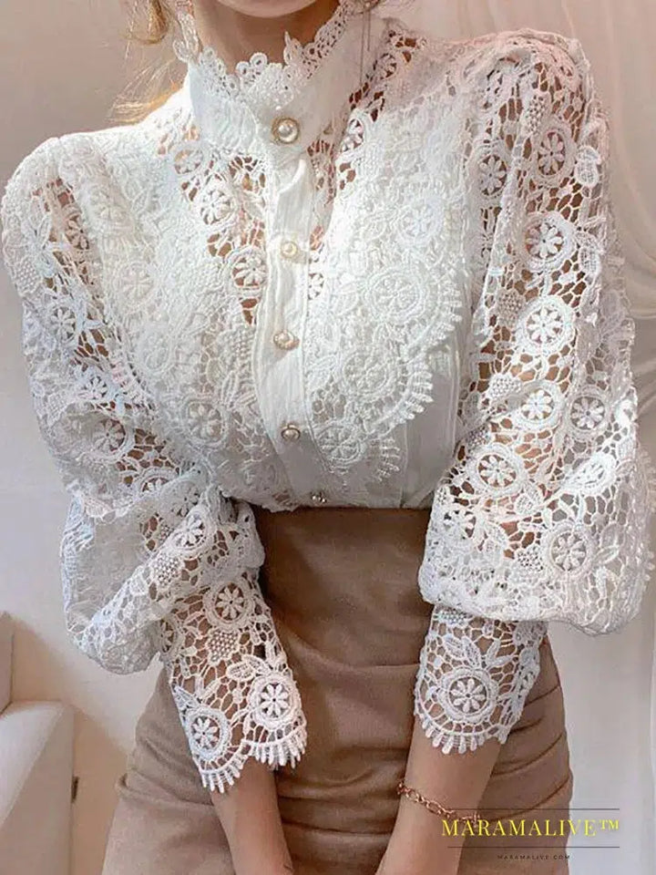 Women Chiffon Button Turtleneck Shirt Chic Elegant Floral Lace Fluffy Long Sleeve Top Fashion Hollow Oversize White Blouse 2024