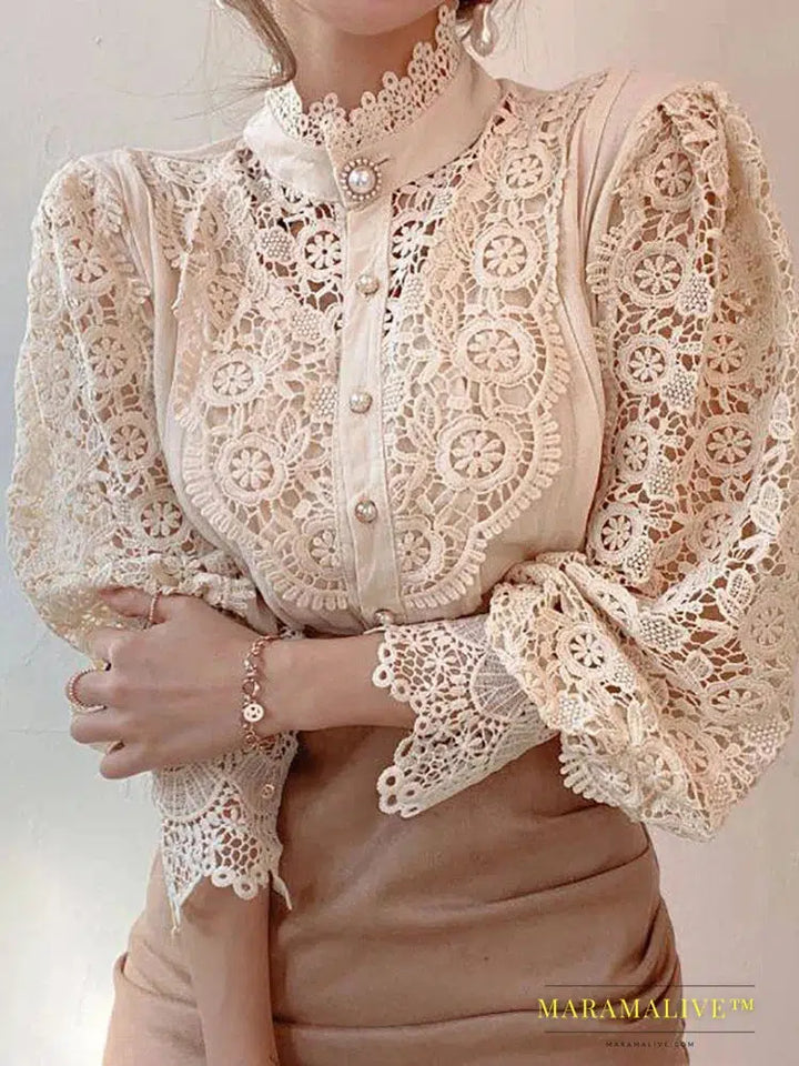 Women Chiffon Button Turtleneck Shirt Chic Elegant Floral Lace Fluffy Long Sleeve Top Fashion Hollow Oversize White Blouse 2024