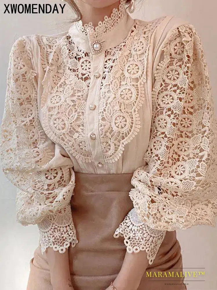 Women Chiffon Button Turtleneck Shirt Chic Elegant Floral Lace Fluffy Long Sleeve Top Fashion Hollow Oversize White Blouse 2024