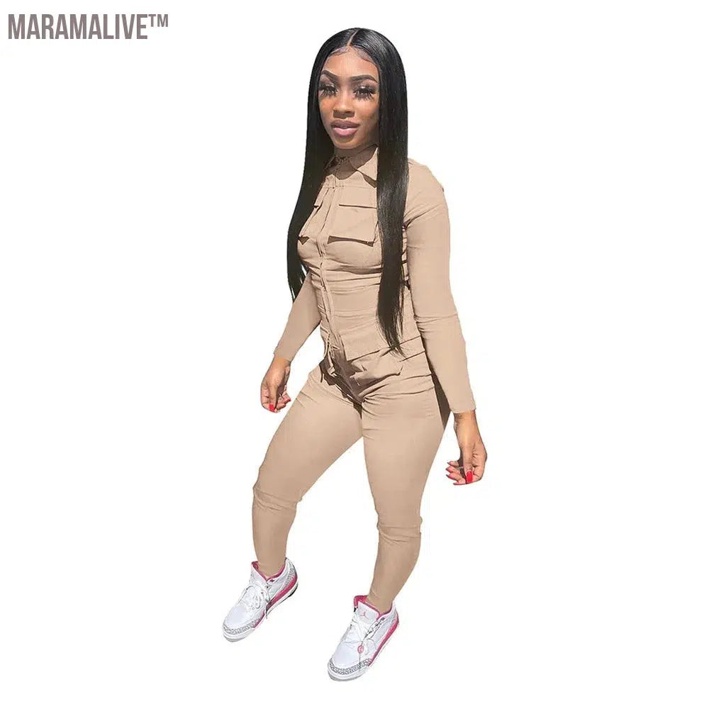 Women Clothes 2023 Cargo Jumpsuit Autumn Winter Ladies Fashion Casual Zipper Pocket Shot Sleeve Shirt Jumpsuit