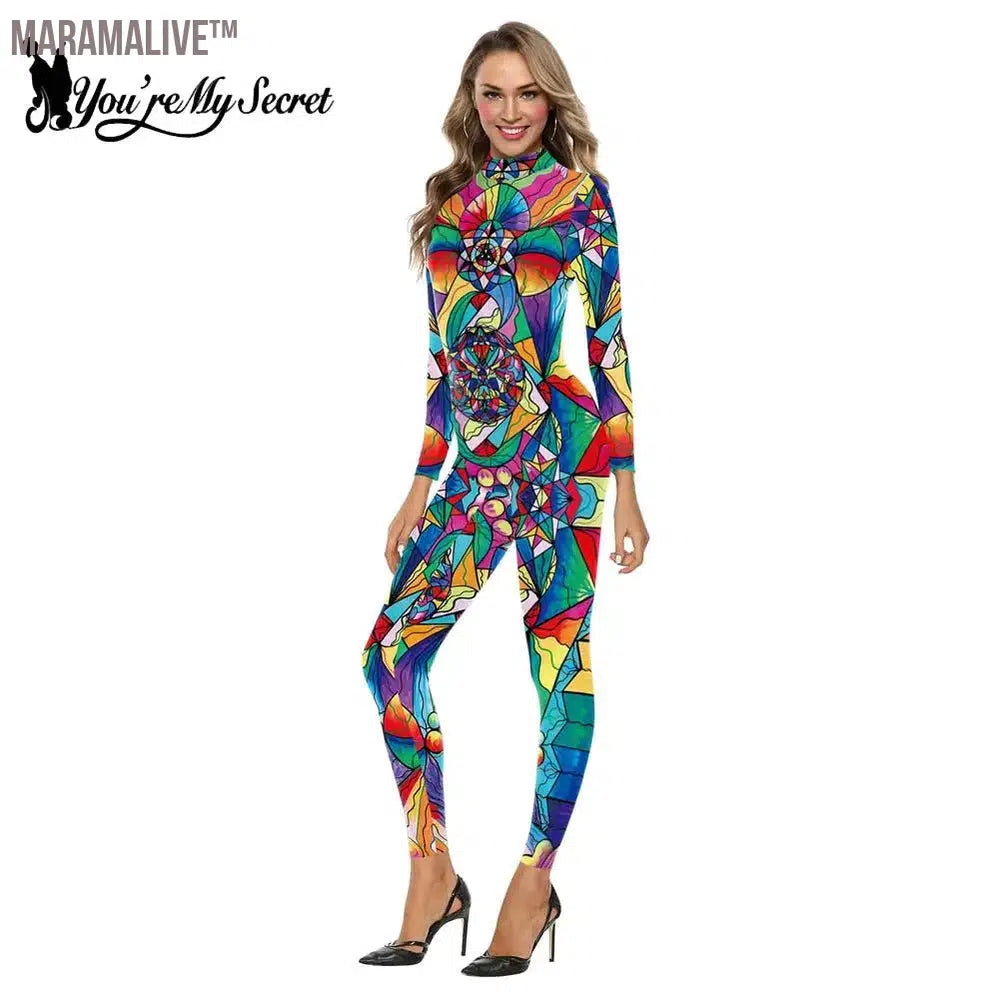 Women Colorful Bohemian Graffiti Printed Bodysuits Halloween Carnival Long Sleeve Bodysuit Cosplay Costumes