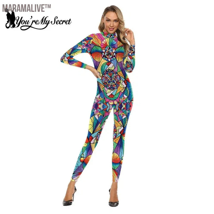 Women Colorful Bohemian Graffiti Printed Bodysuits Halloween Carnival Long Sleeve Bodysuit Cosplay Costumes