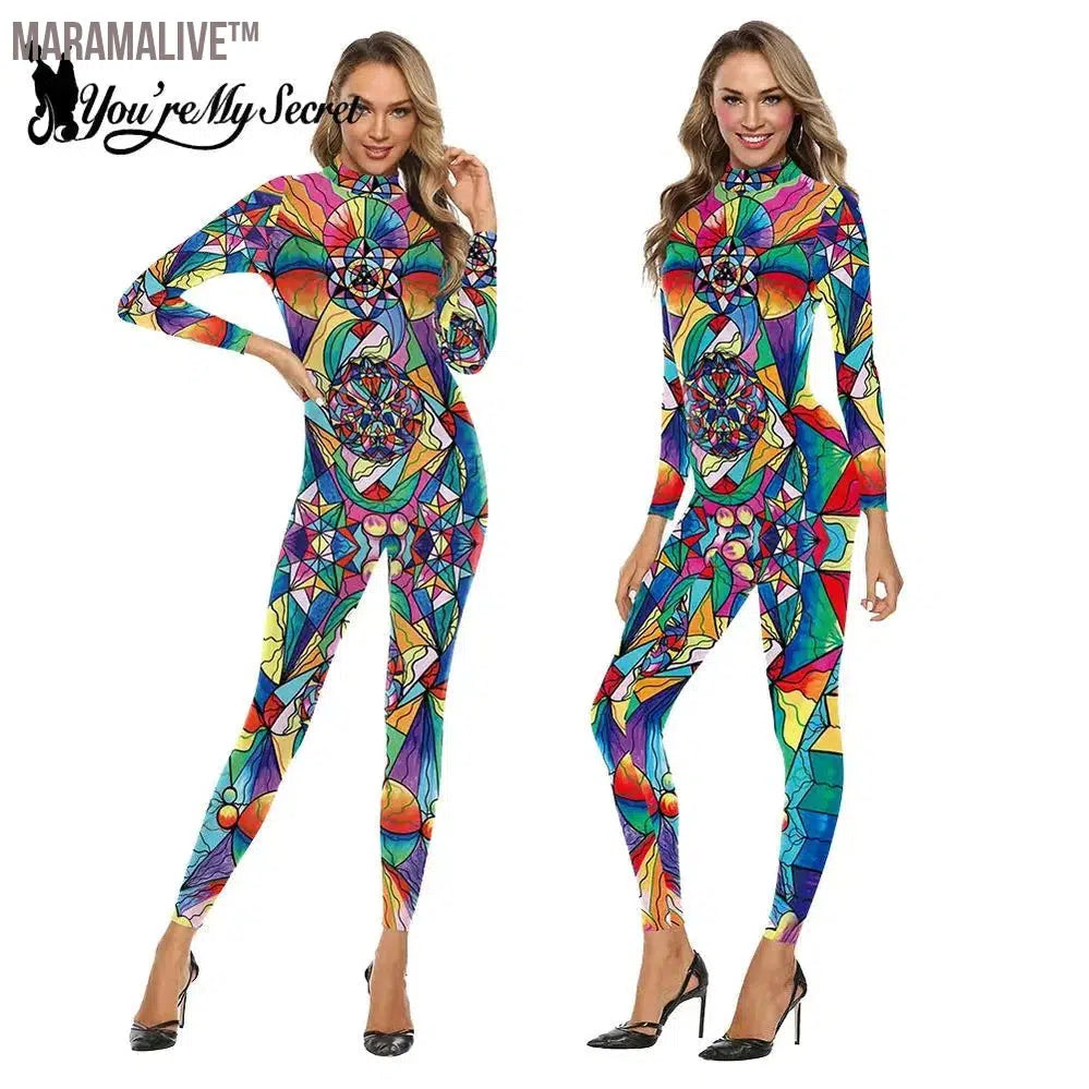 Women Colorful Bohemian Graffiti Printed Bodysuits Halloween Carnival Long Sleeve Bodysuit Cosplay Costumes