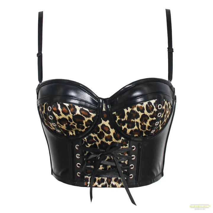 Women Corset Crop Top Gothic Black Leopard Faux Leather Push Up Overbust Corset Bustier Bra with Straps Fashion Streetwear