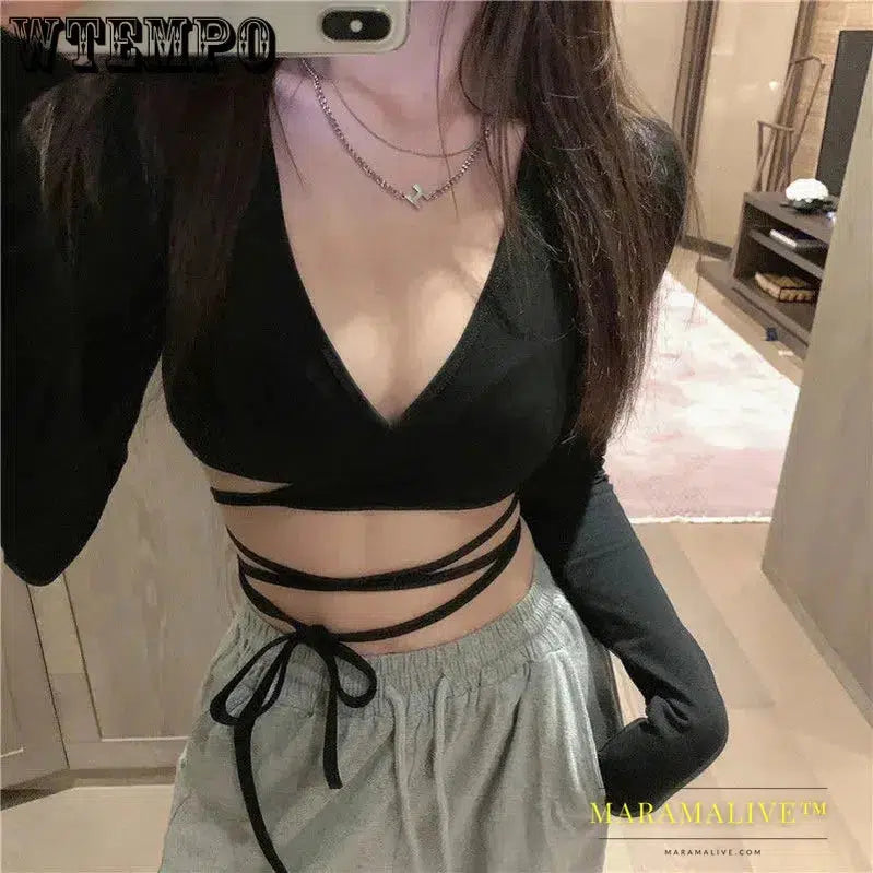 Women Crop Top Summer Long Sleeve Corset Y2k Tops Tanktop Navel Tie Thin Black T-Shirt Ladies Boho Gothic Sexy Clothes