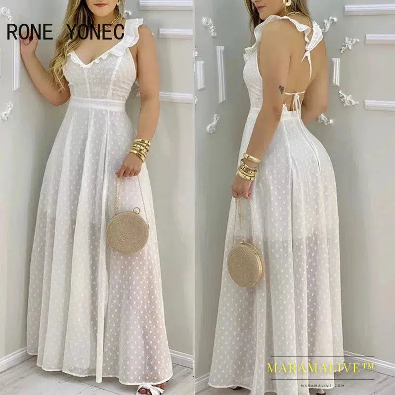 Women Elegant Dress Ruffle Hem Open Back Slit Maxi Mesh Sexy Backless Summer Dress