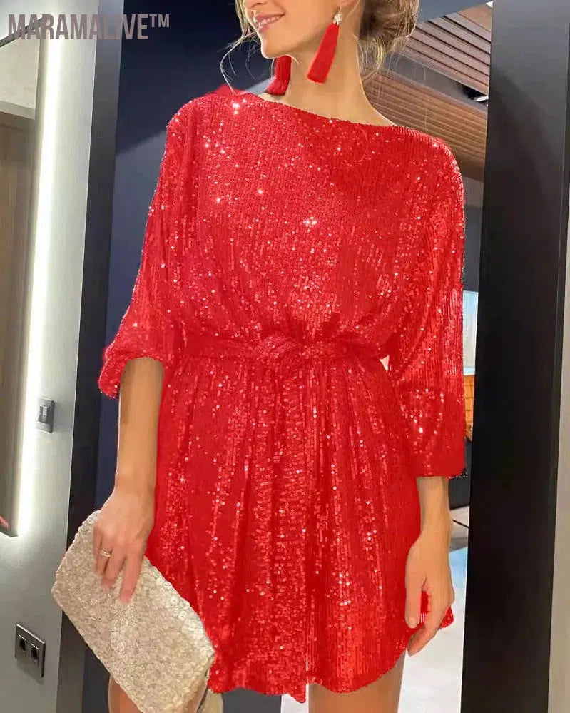 Women Elegant Solid Sequin Party Dress Women Casual Long Sleeve A-Line Dress Lady Fashion Shiny Evening Dress Loose Dress