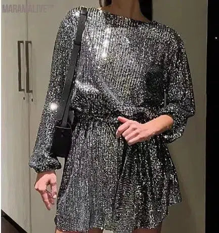 Women Elegant Solid Sequin Party Dress Women Casual Long Sleeve A-Line Dress Lady Fashion Shiny Evening Dress Loose Dress