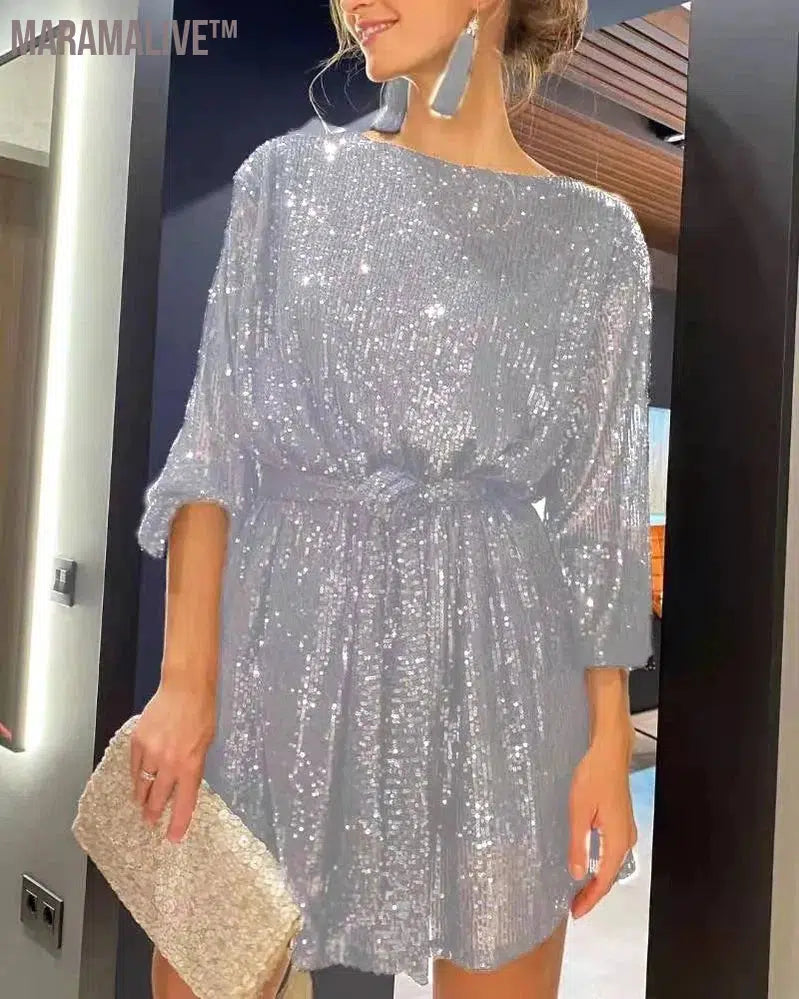 Women Elegant Solid Sequin Party Dress Women Casual Long Sleeve A-Line Dress Lady Fashion Shiny Evening Dress Loose Dress