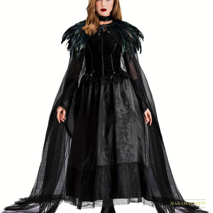 Women Evil Queen Feather Collar Cloak Vampire Cape Witch Cosplay Costume