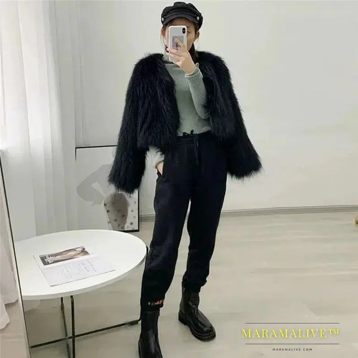 Women Faux Fur Coat Solid V Neck Short Cardigan Autumn Winter Clothes New Fashion Long Sleeve