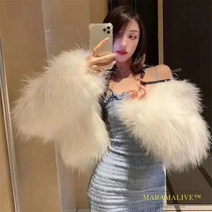 Women Faux Fur Coat Solid V Neck Short Cardigan Autumn Winter Clothes New Fashion Long Sleeve