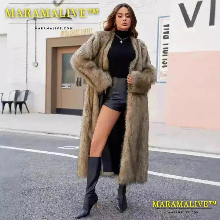 Women Faux Fur Coats Full Sleeve Open Stitch Long Jackets V Neck Splice Thick Coat Elegant Lady Streetwear Winter 2024