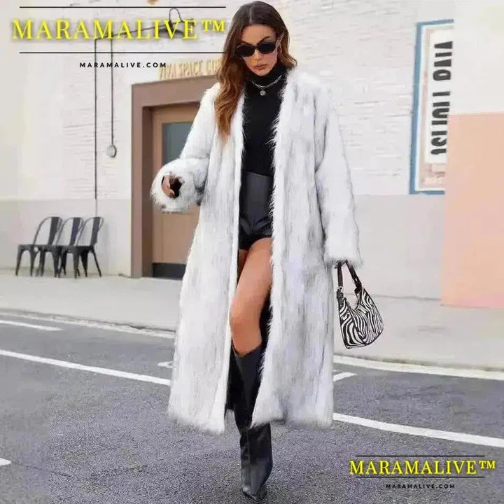 Women Faux Fur Coats Full Sleeve Open Stitch Long Jackets V Neck Splice Thick Coat Elegant Lady Streetwear Winter 2024