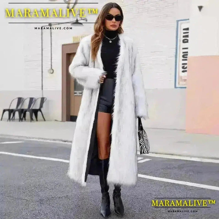 Women Faux Fur Coats Full Sleeve Open Stitch Long Jackets V Neck Splice Thick Coat Elegant Lady Streetwear Winter 2024