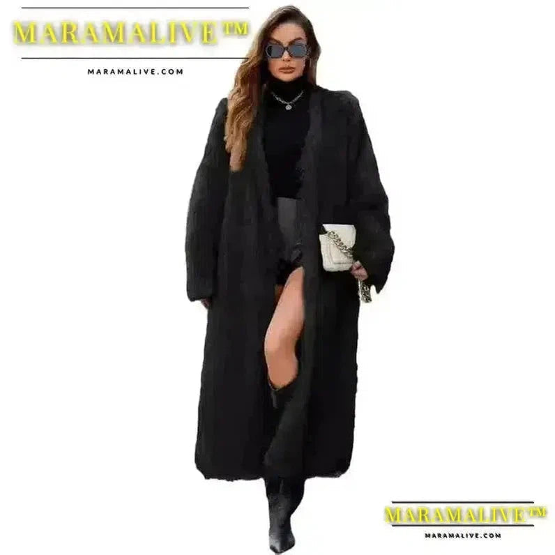 Women Faux Fur Coats Full Sleeve Open Stitch Long Jackets V Neck Splice Thick Coat Elegant Lady Streetwear Winter 2024