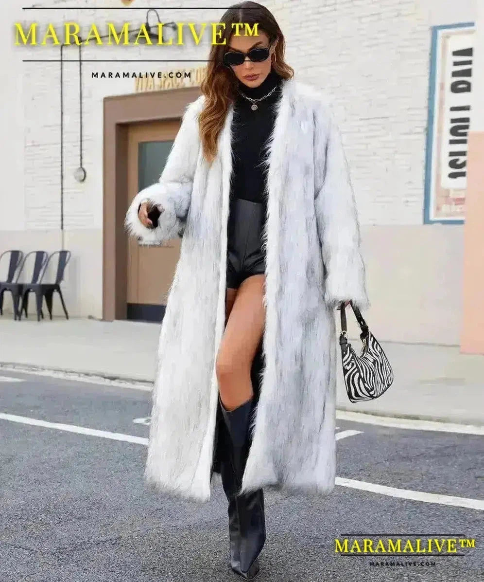 Women Faux Fur Coats Full Sleeve Open Stitch Long Jackets V Neck Splice Thick Coat Elegant Lady Streetwear Winter 2024