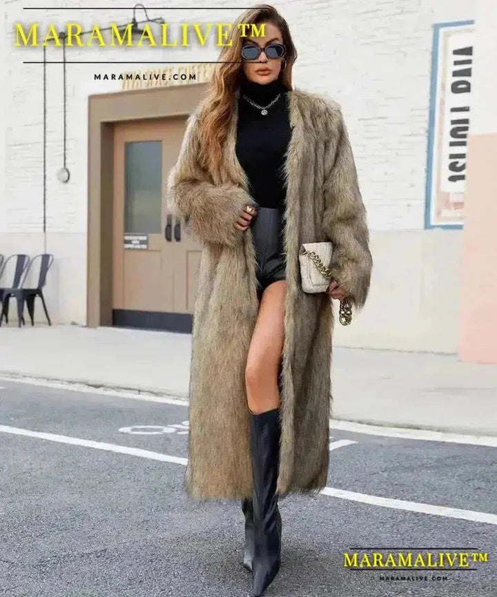 Women Faux Fur Coats Full Sleeve Open Stitch Long Jackets V Neck Splice Thick Coat Elegant Lady Streetwear Winter 2024