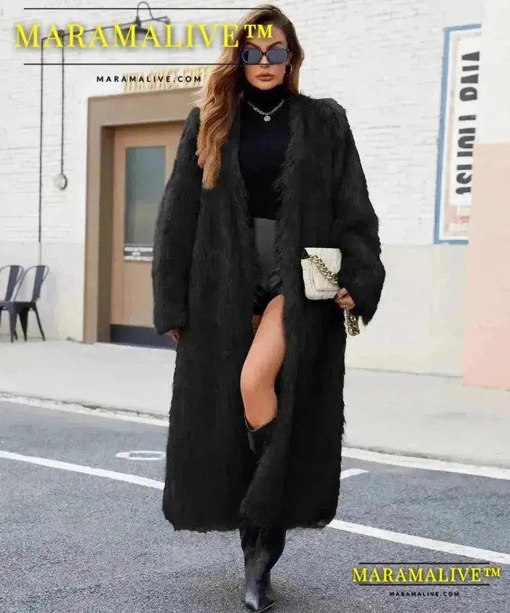 Women Faux Fur Coats Full Sleeve Open Stitch Long Jackets V Neck Splice Thick Coat Elegant Lady Streetwear Winter 2024