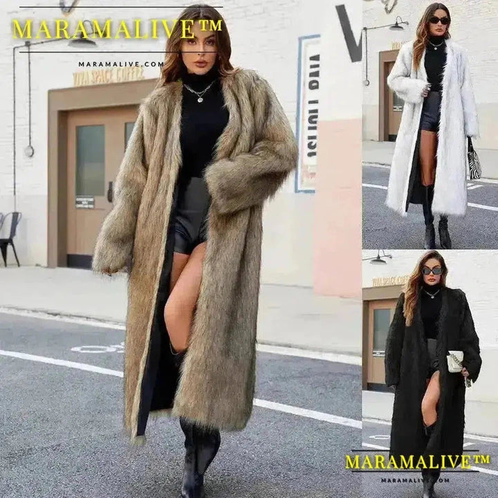 Women Faux Fur Coats Full Sleeve Open Stitch Long Jackets V Neck Splice Thick Coat Elegant Lady Streetwear Winter 2024