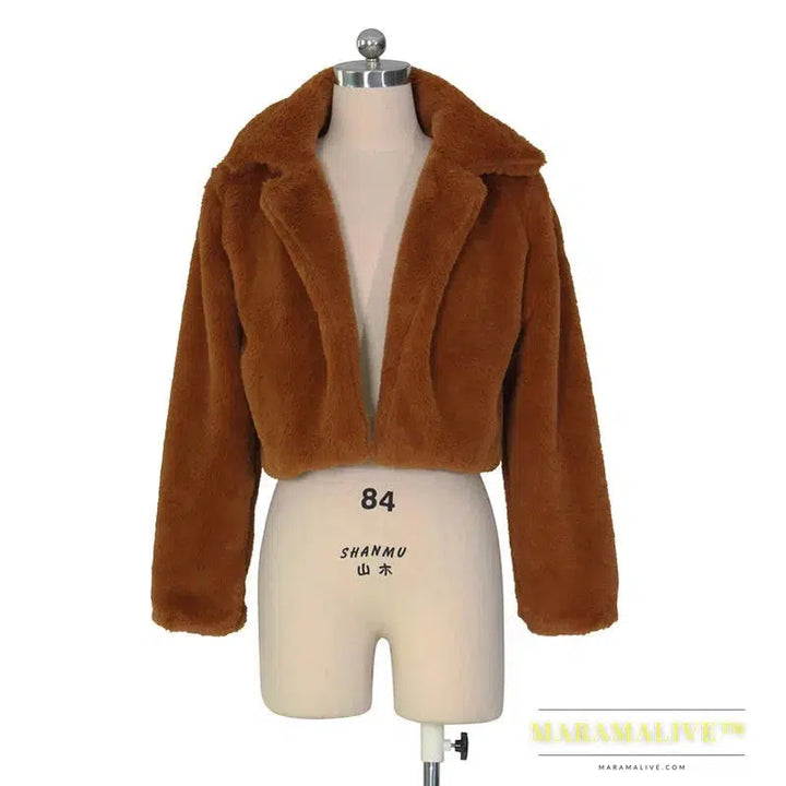 Women Faux Fur Coats Long Sleeve Furry Cropped Jacket Open Stitch Fluffy Overcoat Casual Outdoor Wear