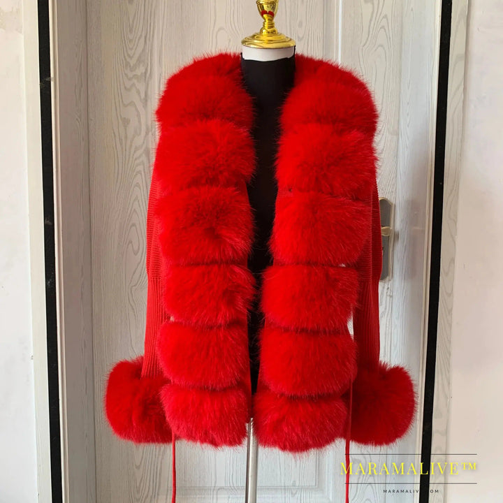 Women Faux Fur Knit Sweater cardigan Spring Autumn elegant Knitted sweater with faux fox fur collar Ladies Fashion Coat fur coat