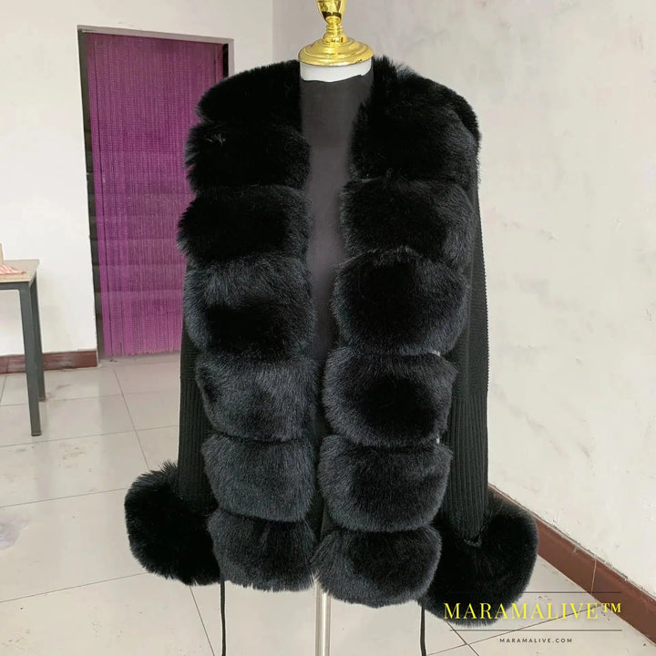 Women Faux Fur Knit Sweater cardigan Spring Autumn elegant Knitted sweater with faux fox fur collar Ladies Fashion Coat fur coat