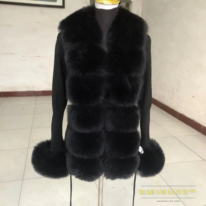 Women Faux Fur Knit Sweater cardigan Spring Autumn elegant Knitted sweater with faux fox fur collar Ladies Fashion Coat fur coat