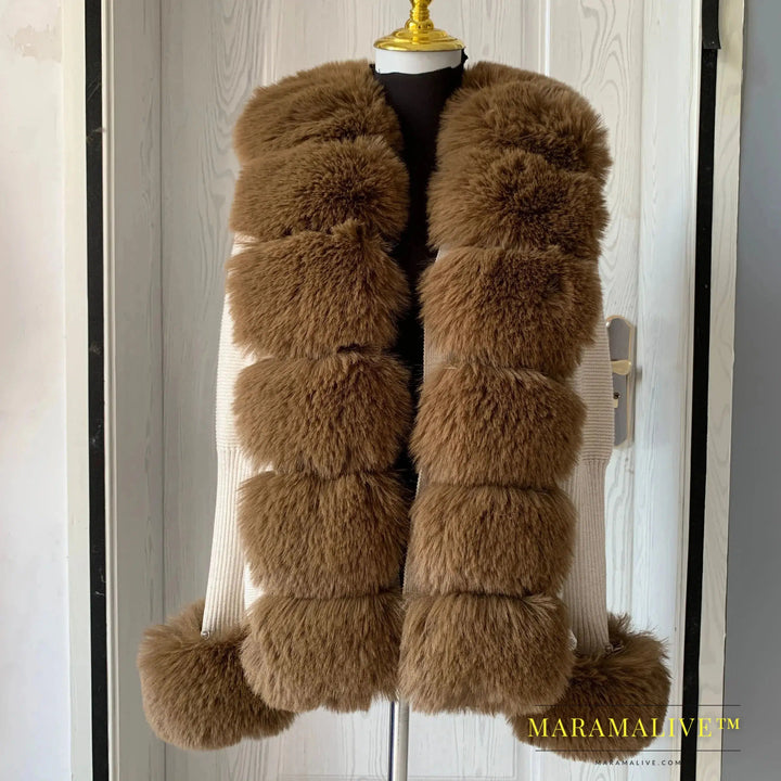 Women Faux Fur Knit Sweater cardigan Spring Autumn elegant Knitted sweater with faux fox fur collar Ladies Fashion Coat fur coat