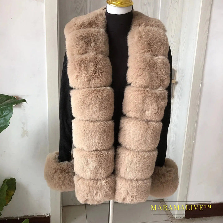 Women Faux Fur Knit Sweater cardigan Spring Autumn elegant Knitted sweater with faux fox fur collar Ladies Fashion Coat fur coat