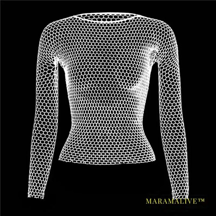 Women Fishnet Mesh Tops 6 Colors Sexy See Through T-Shirt Skinny Goth Hollow Out Long Sleeve Shirts Crop Top Shirt Streetwear