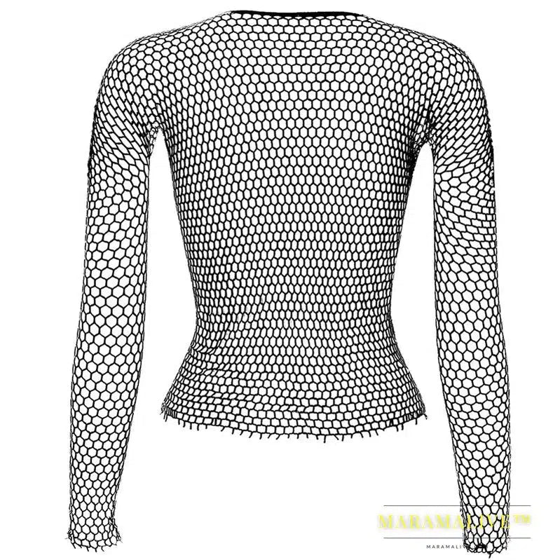 Women Fishnet Mesh Tops 6 Colors Sexy See Through T-Shirt Skinny Goth Hollow Out Long Sleeve Shirts Crop Top Shirt Streetwear