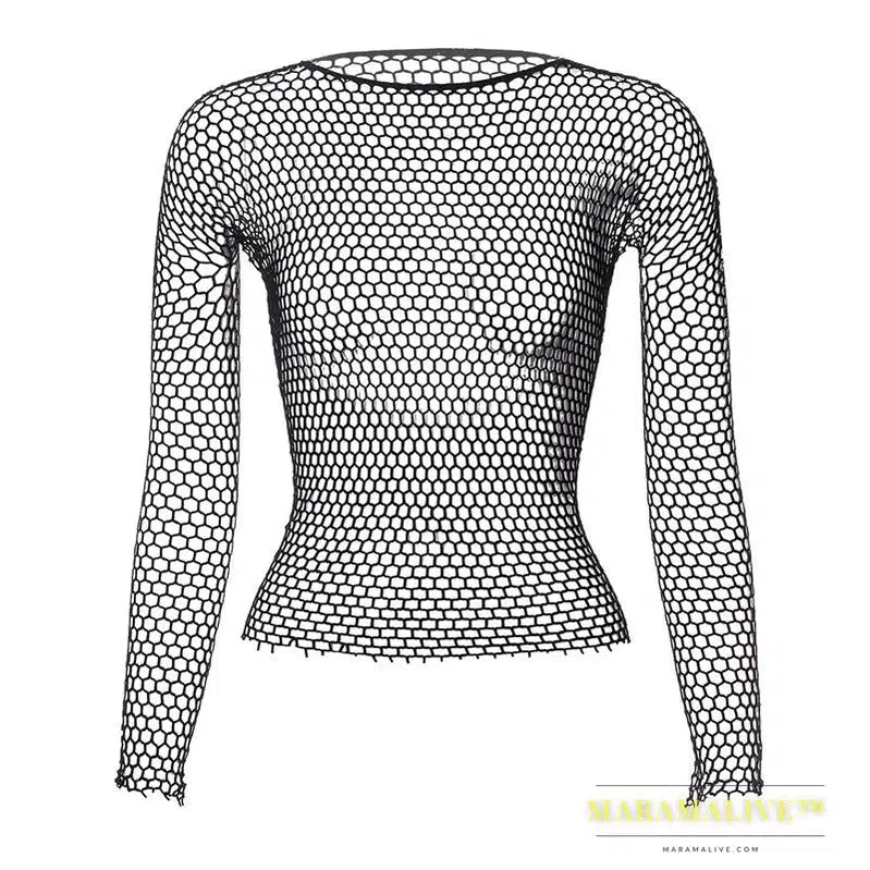 Women Fishnet Mesh Tops 6 Colors Sexy See Through T-Shirt Skinny Goth Hollow Out Long Sleeve Shirts Crop Top Shirt Streetwear