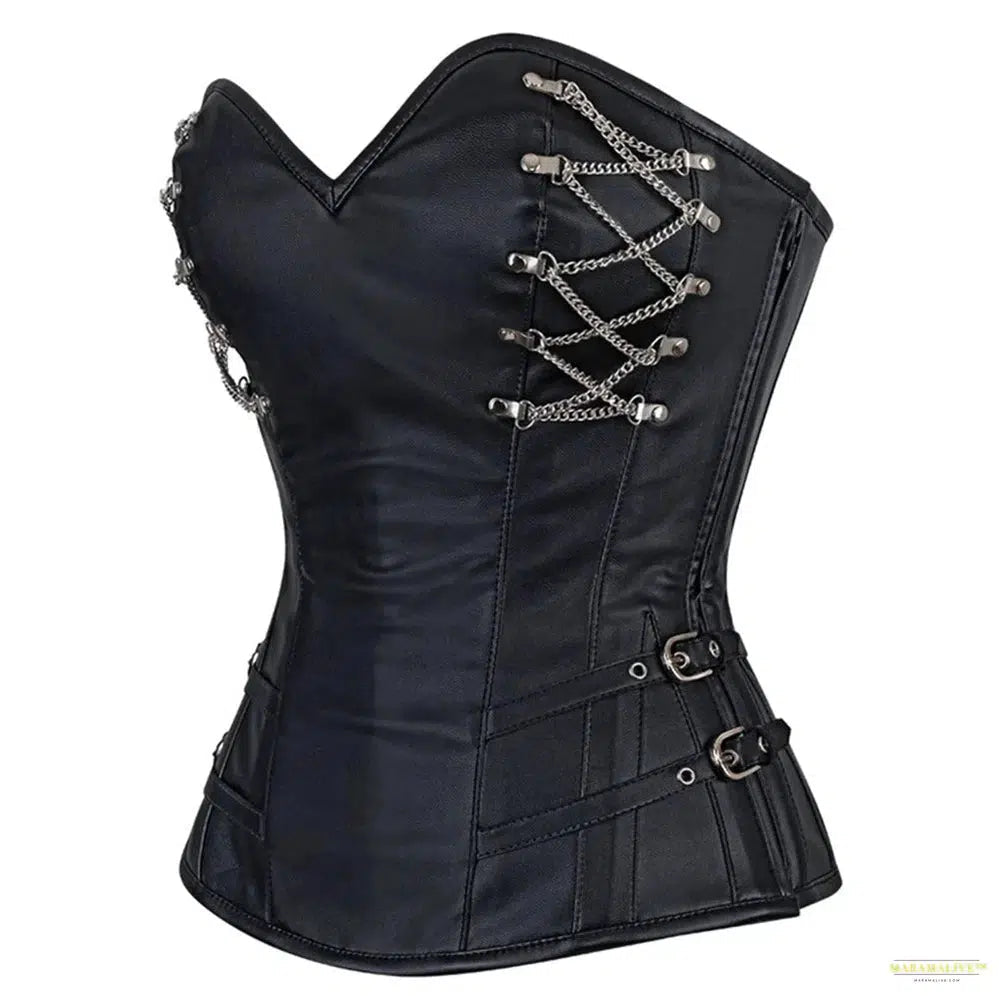 Women Gothic Side Zip PU Leather Steel Boned Corset Top Steampunk Black Sexy Waist Cincher Body Shaper Overbust Corset