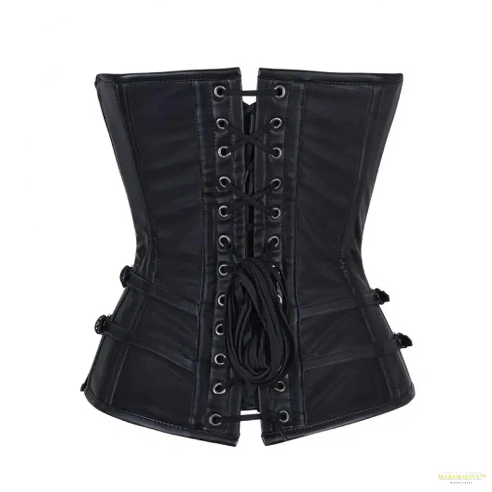 Women Gothic Side Zip PU Leather Steel Boned Corset Top Steampunk Black Sexy Waist Cincher Body Shaper Overbust Corset