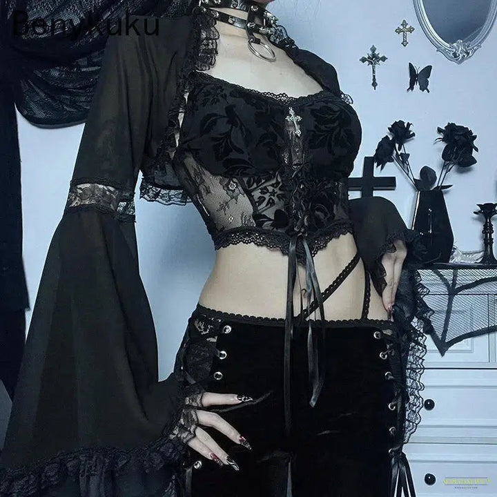 Women Gothic Style Lace Bell Sleeve Blouse Tops Gauze Long Sleeve Coat Halloween Costume Goth Punk Cropped Top Shawl