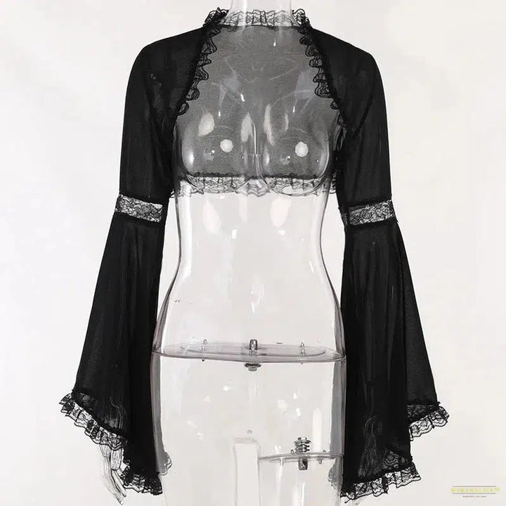 Women Gothic Style Lace Bell Sleeve Blouse Tops Gauze Long Sleeve Coat Halloween Costume Goth Punk Cropped Top Shawl