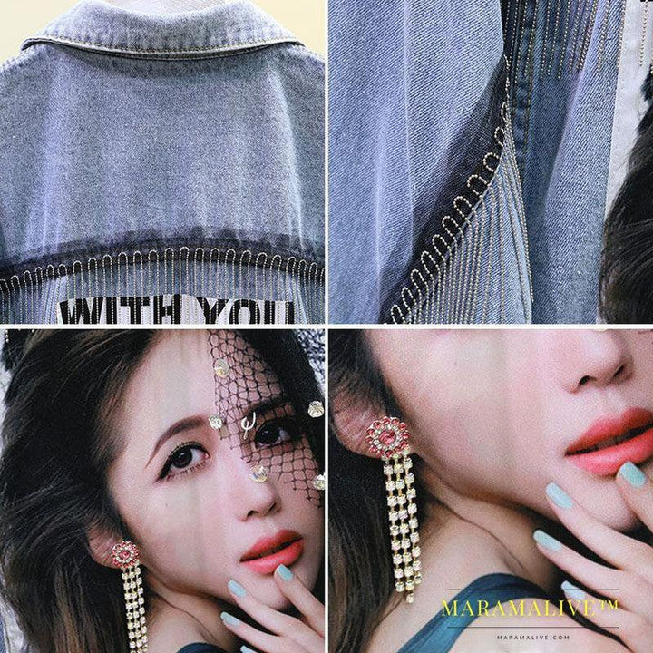 Women Heavy-duty Diamond-studded Denim Jacket