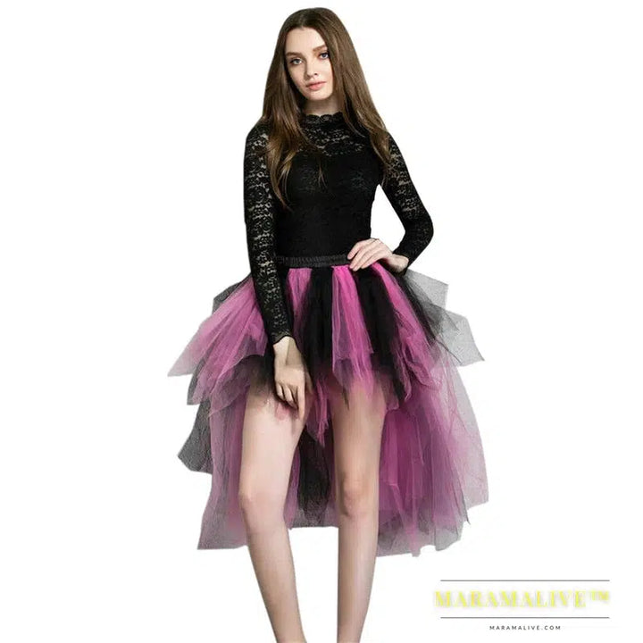 Women Hi-Lo Tulle Tutu Bustle Skirt Petticoat Clubwear Fancy Dance Asymmetric Dress For Party Fashion Casual Style New Goth Dark