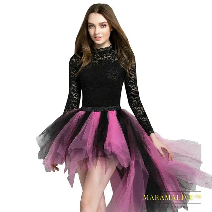 Women Hi-Lo Tulle Tutu Bustle Skirt Petticoat Clubwear Fancy Dance Asymmetric Dress For Party Fashion Casual Style New Goth Dark