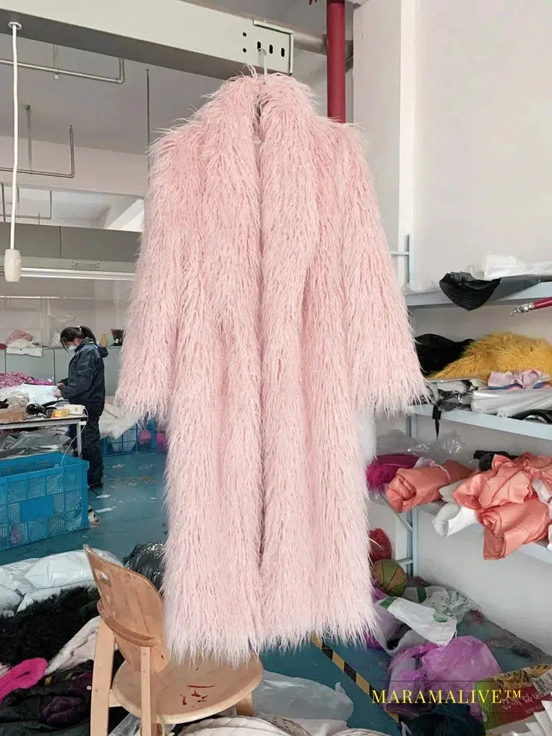 Women Imitation Sheep Faux Fur Long Coat Cardigan Thermal Loose Slim Fit Plush Coats Female Jacket Autumn Winter Furry Outerwear