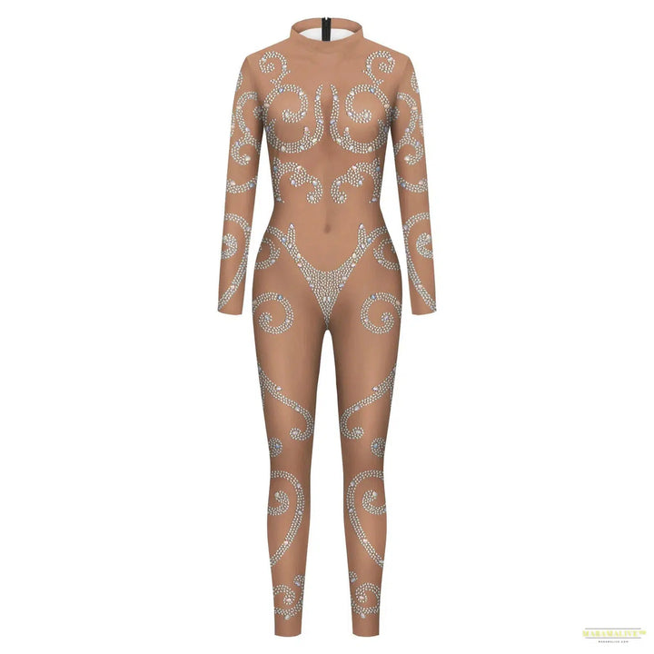 Women Jumpsuit Sequin Lace Pattern Printed Bodysuit Shiny Sexy Jumpsuit Adult Carnival Party Nightclub Outfits