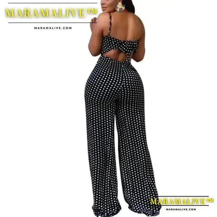 Women Jumpsuits Overalls High Waist Dot Wide Leg Pants High Street Casual Flat Sexy Backless Wrapping Breast 2023 Autumn