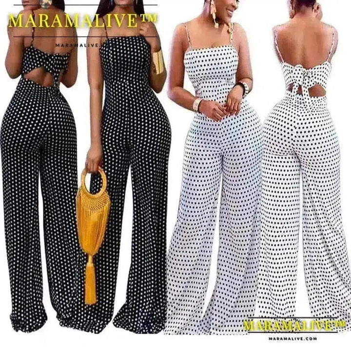 Women Jumpsuits Overalls High Waist Dot Wide Leg Pants High Street Casual Flat Sexy Backless Wrapping Breast 2023 Autumn