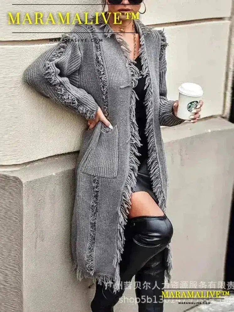 Women Knit Cardigan Tassel Splice Long Coats Full Sleeve Slim Fit Casual Coat Solid V Neck Pockets Straight Autumn 2024