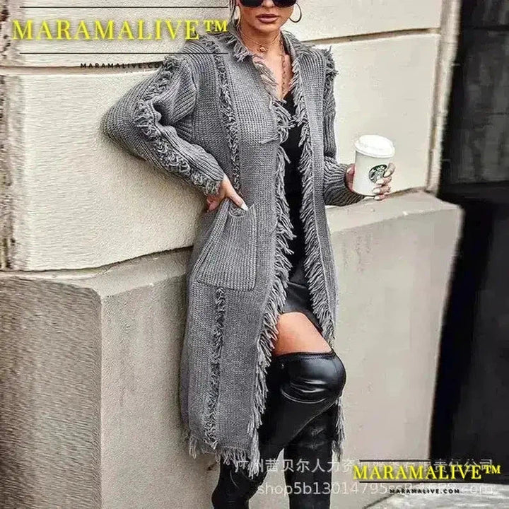 Women Knit Cardigan Tassel Splice Long Coats Full Sleeve Slim Fit Casual Coat Solid V Neck Pockets Straight Autumn 2024