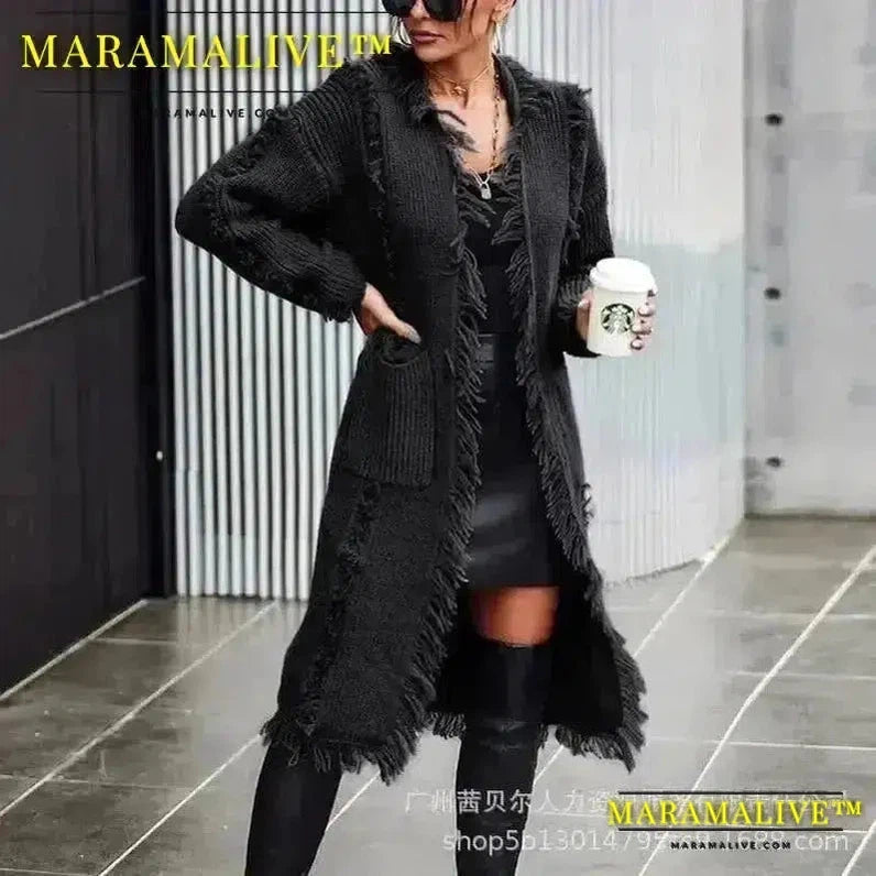 Women Knit Cardigan Tassel Splice Long Coats Full Sleeve Slim Fit Casual Coat Solid V Neck Pockets Straight Autumn 2024