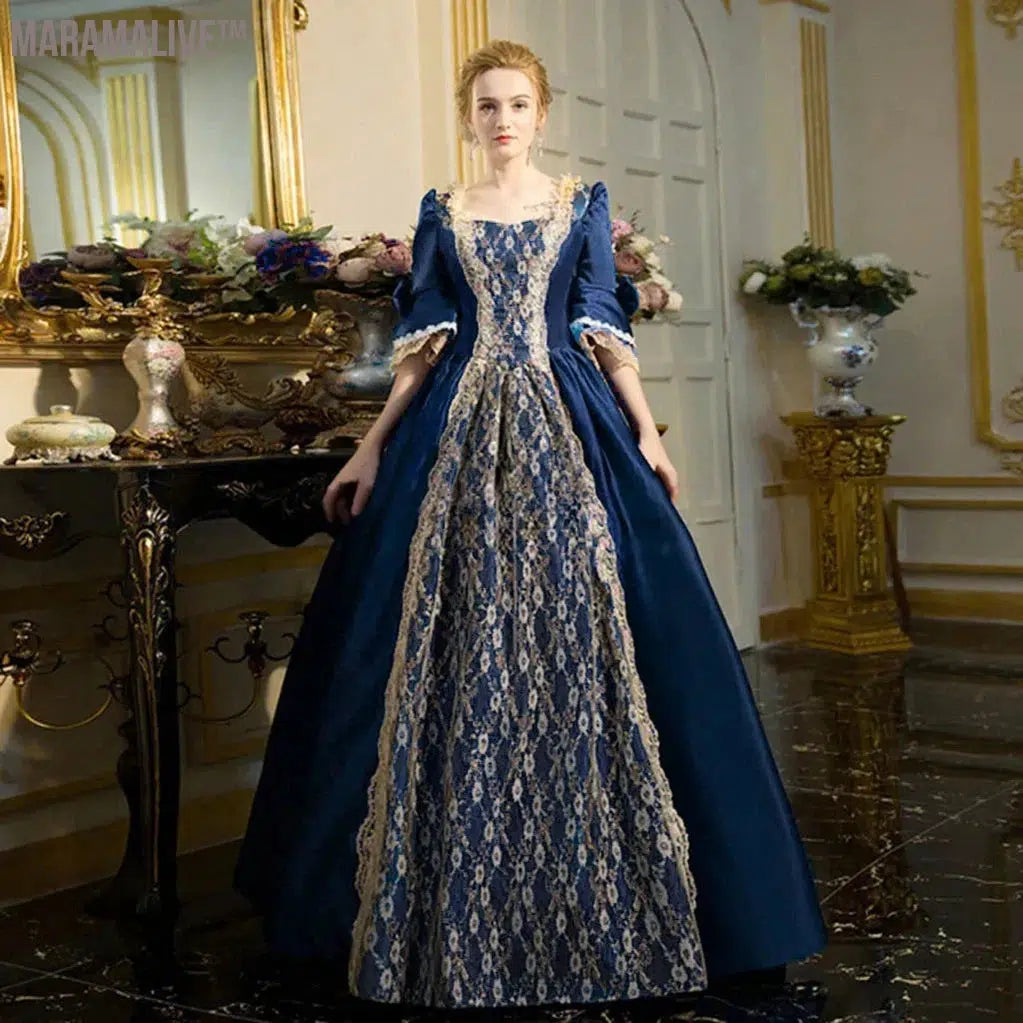 Women Medieval Renaissance Formal Ball Party Maxi Long Dress in Navy Palace Halloween Cosplay Dresses Costume Victorian Vestidos Femme