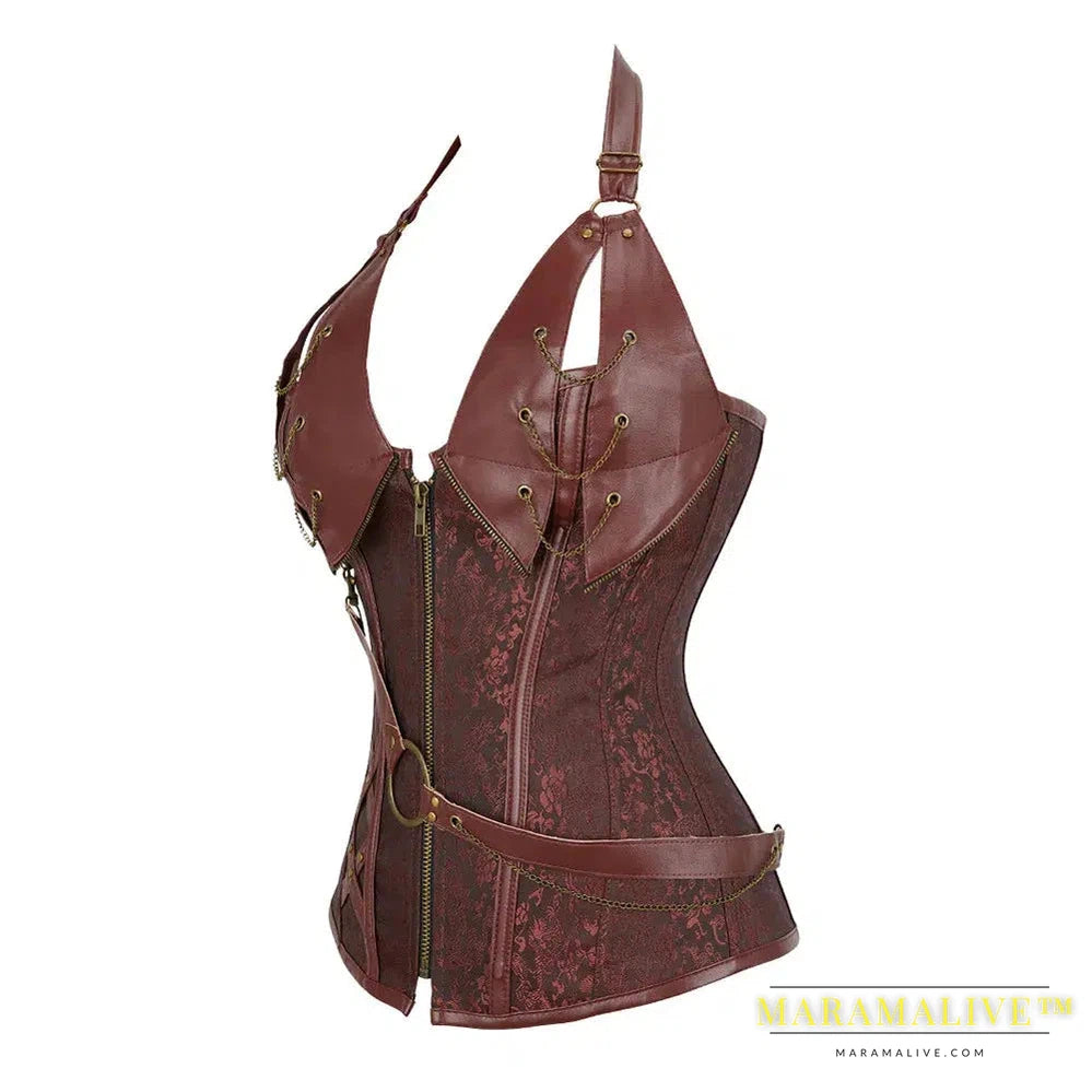 Women Medieval Viking Pirate Costume Gothic Leather Overbust Corselet Steampunk Corset Vest Knight Halloween Cosplay Plus Size